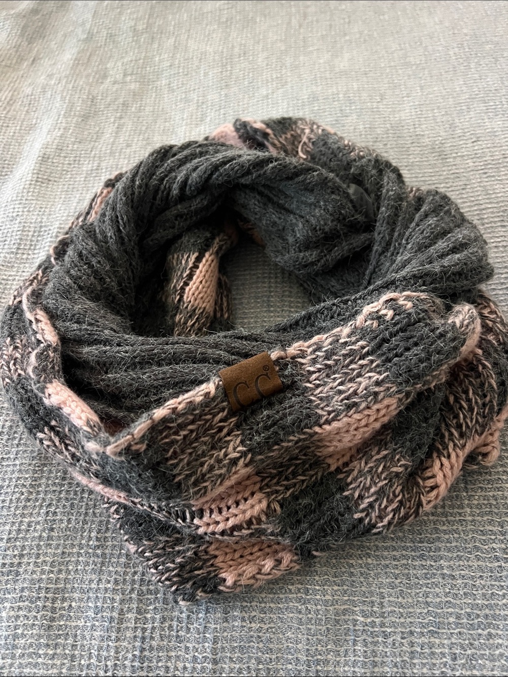 C.C Pink and Gray Knit Infinity Scarf with Logo Patch